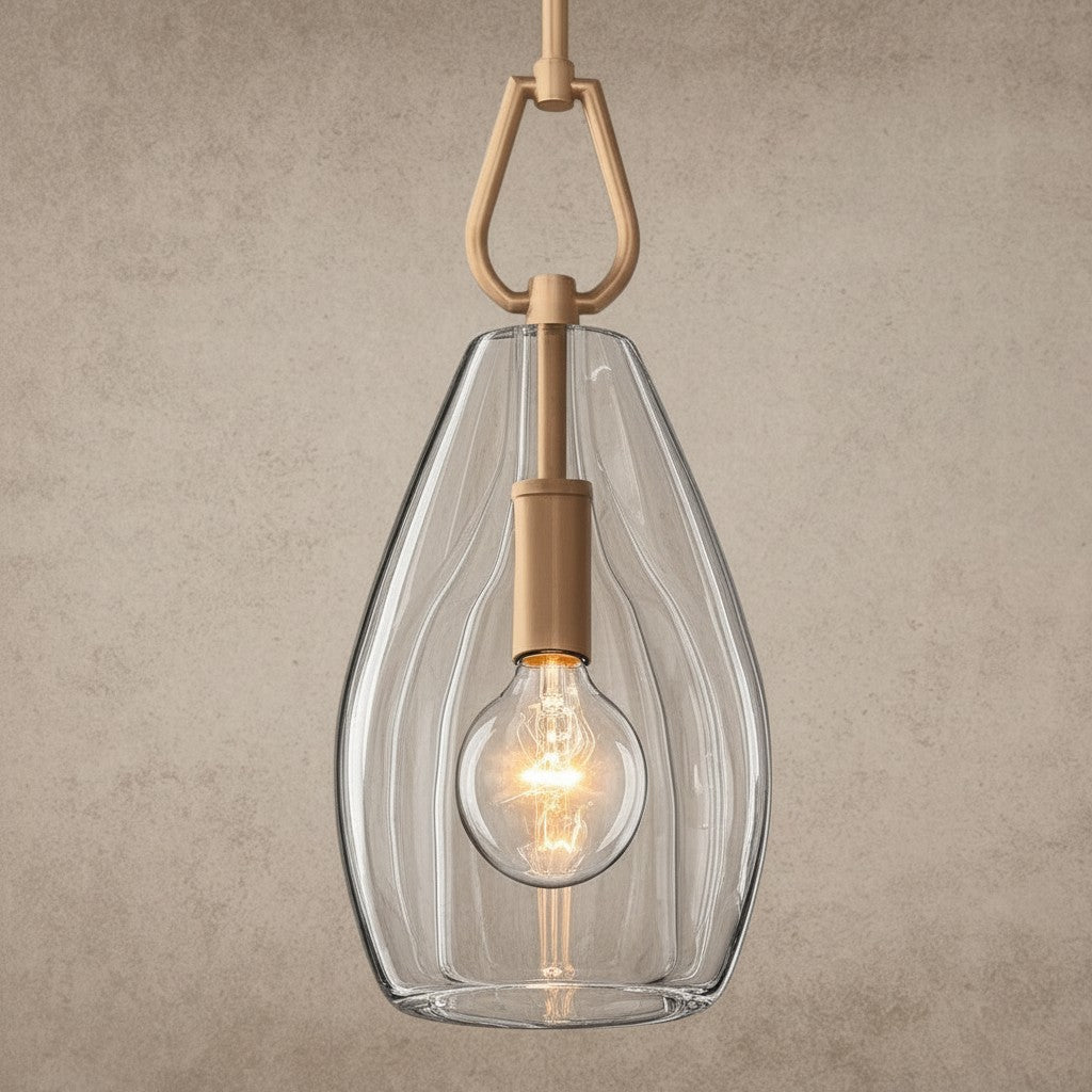 ichandelier Botanist Flute Pendant, clear glass teardrop shade with ribbed texture, brass hardware, Edison bulb