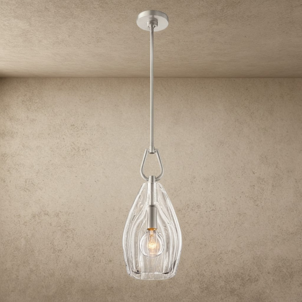 ichandelier Botanist Flute Pendant, clear glass teardrop shade with ribbed texture, brushed nickel hardware, exposed bulb