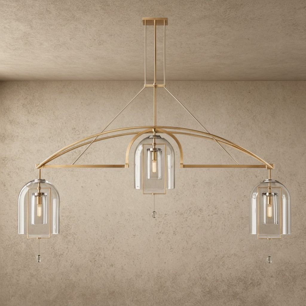 ichandelier Fulcrum Grand Linear Chandelier, gold metal frame, clear glass shades, modern art deco style