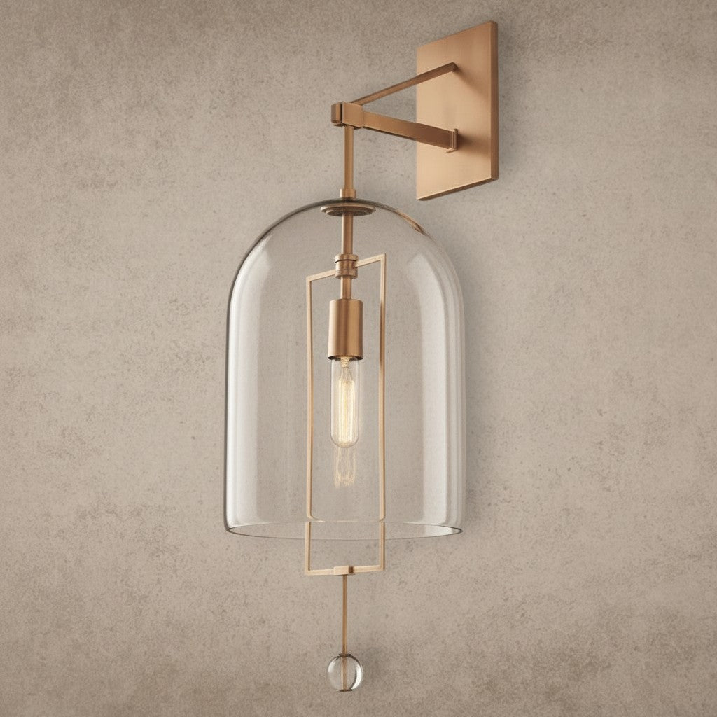 ichandelier Fulcrum Grand Sconce, clear glass bell shade, brass frame, modern wall light