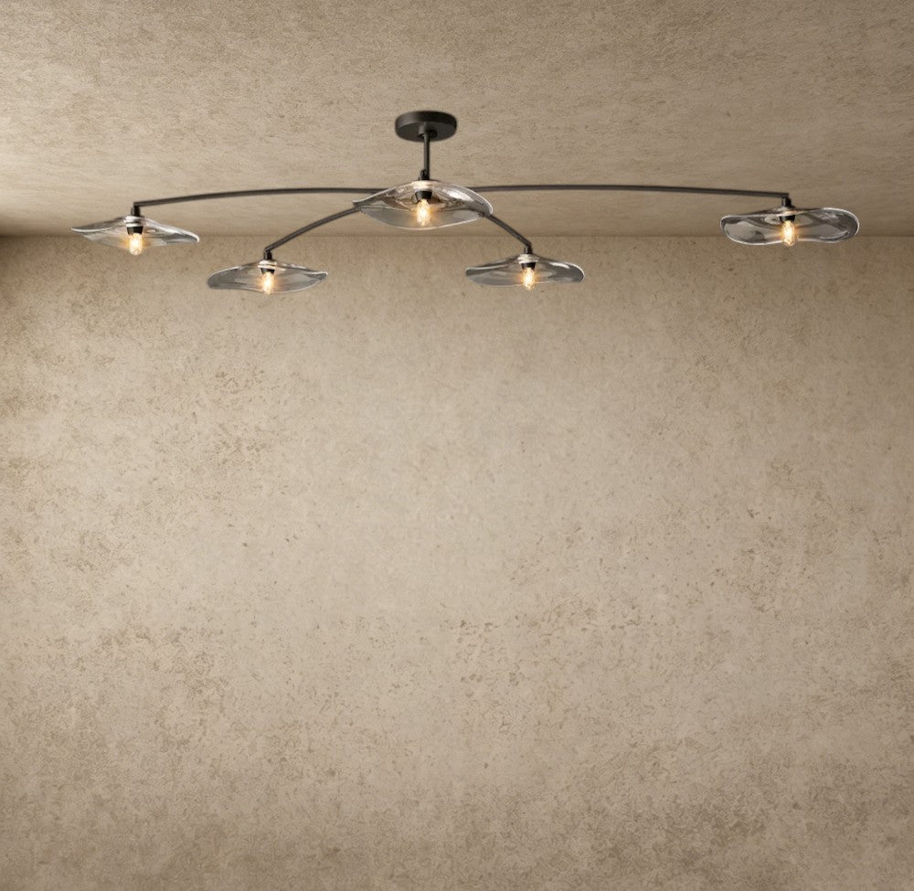 ichandelier Lily 5-light flushmount with clear hand-blown glass petal shades and a dark metal frame.