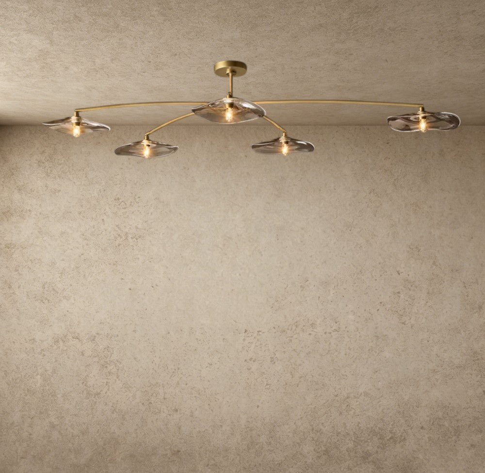 ichandelier Lily Smoke Glass Flushmount, 5-light modern brass semi-flush ceiling light with hand-blown petal glass shades.