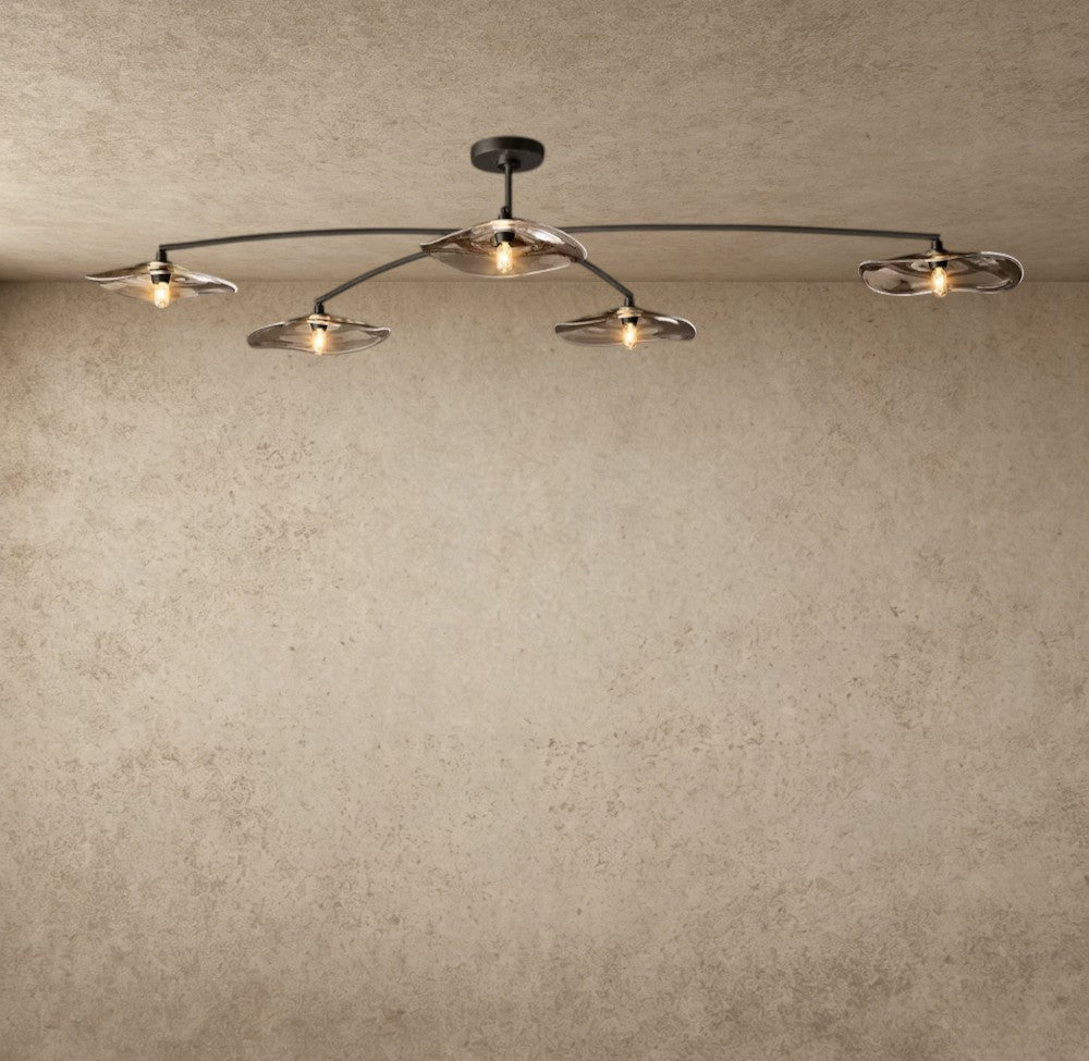 ichandelier Lily Smoke Glass Flushmount, 5-light fixture with hand-blown petal shades and curved steel frame.