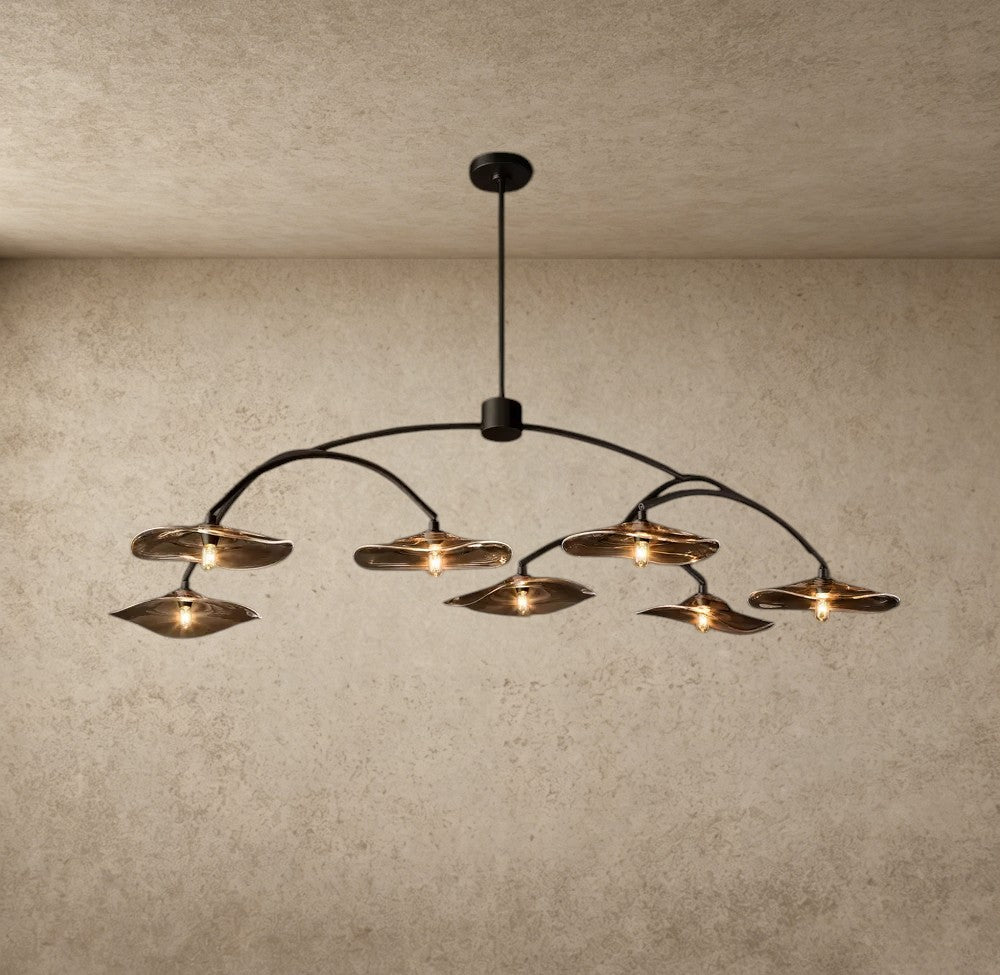ichandelier Lily Smoke Glass Round Chandelier with hand-blown petal lampshades and curved steel frame