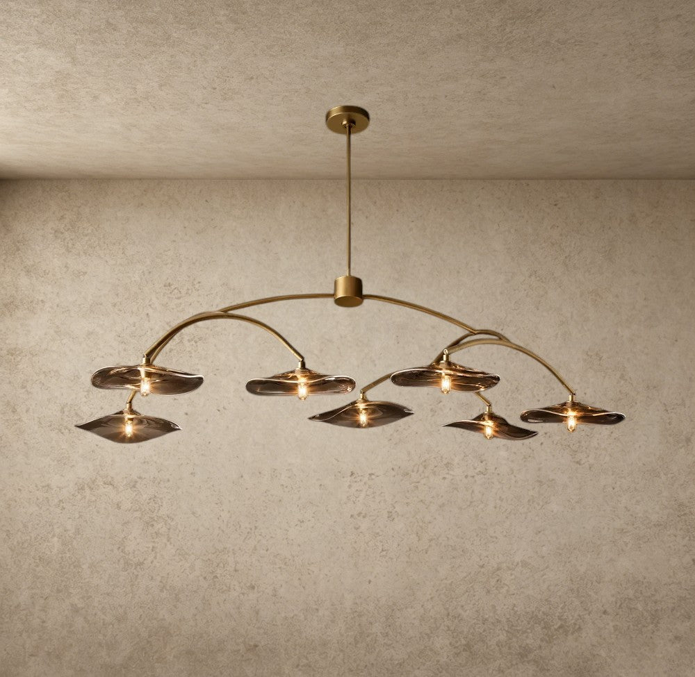 ichandelier Lily Smoke Glass Round Chandelier with petal-shaped shades and curved brass frame