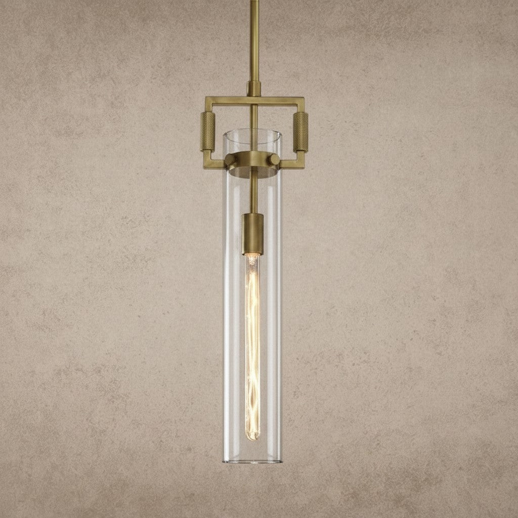 ichandelier Machinist Glass Cylinder Pendant 12 inch, 22 inch, clear glass, brass hardware, exposed bulb