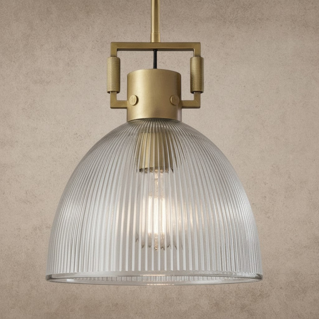 ichandelier Machinist Prismatic Cloche Pendant with ribbed glass shade and brass hardware