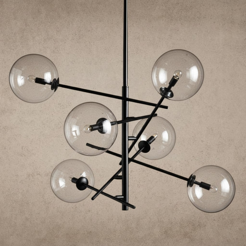 ichandelier Roscoe Chandelier, modern black metal frame with 7 clear glass globe shades, unique geometric design