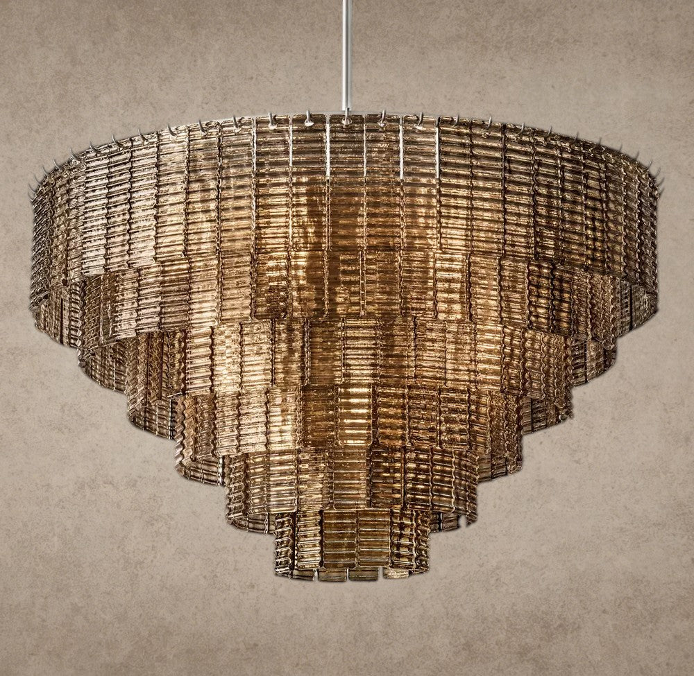 ichandelier Sirene Smoke Glass Round Chandelier, tiered design with textured glass rods, warm amber hue.