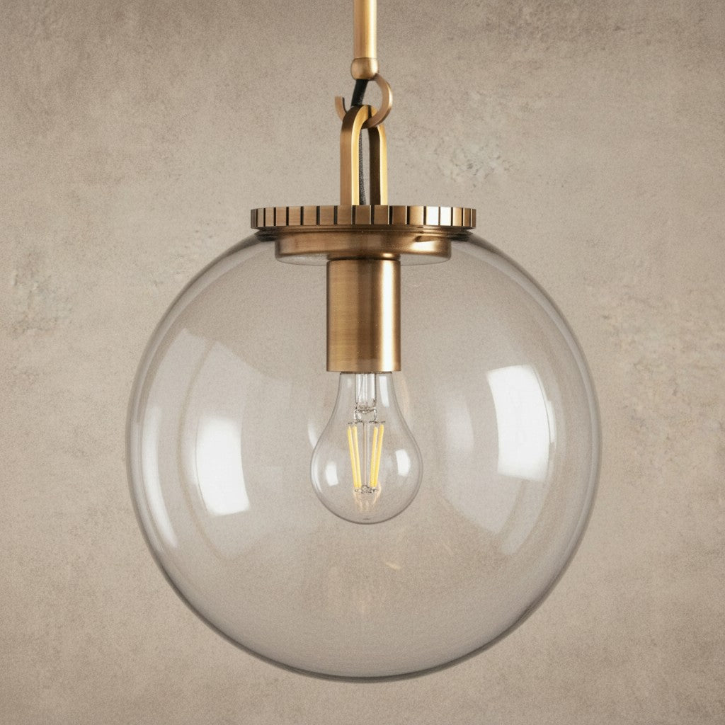 ichandelier Wescott Globe Pendant with Rod, clear glass shade, brass hardware, exposed filament bulb