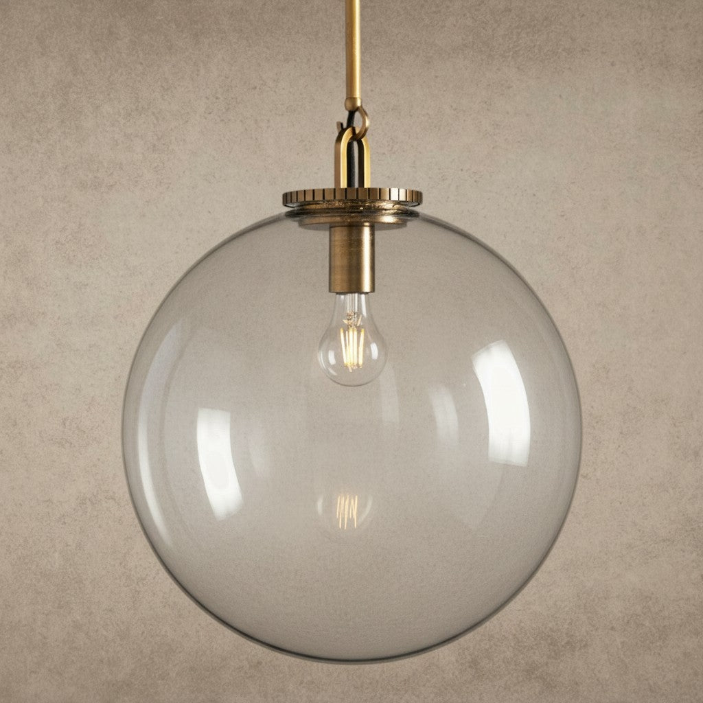 ichandelier Wescott Globe Pendant with Rod, clear glass shade, brass hardware, exposed Edison bulb, modern industrial style