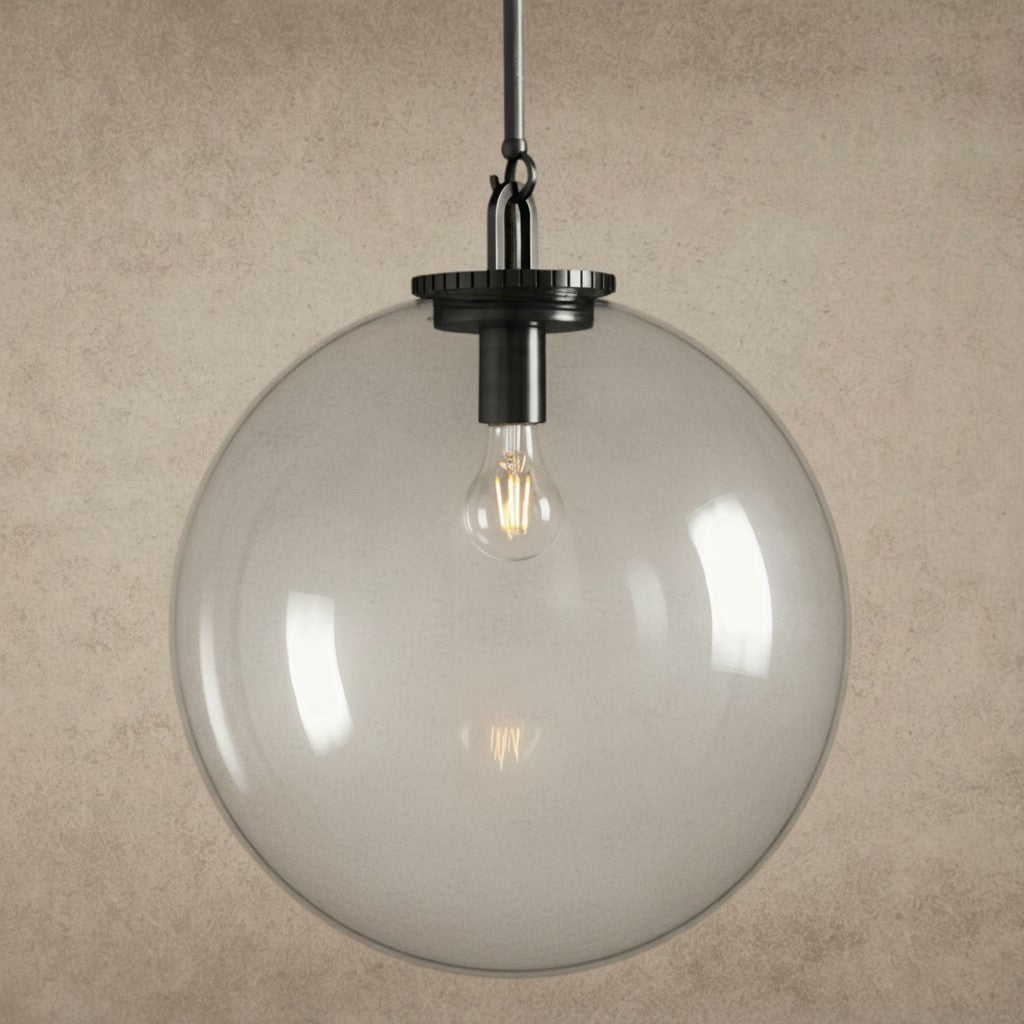 ichandelier Wescott Globe Pendant with Rod, clear glass shade, exposed bulb, dark metal hardware, modern industrial style