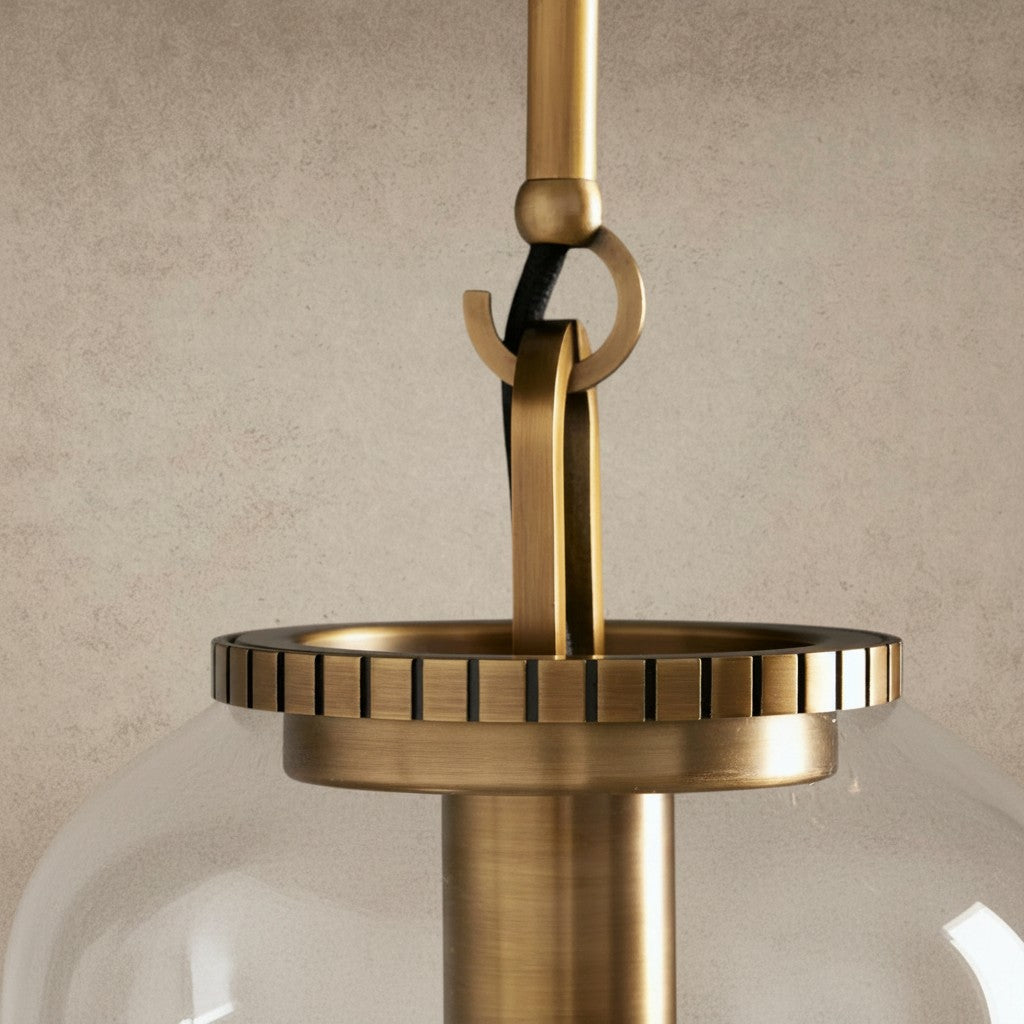 ichandelier Wescott Globe Pendant with Rod, clear glass shade, brass hardware, ribbed detail
