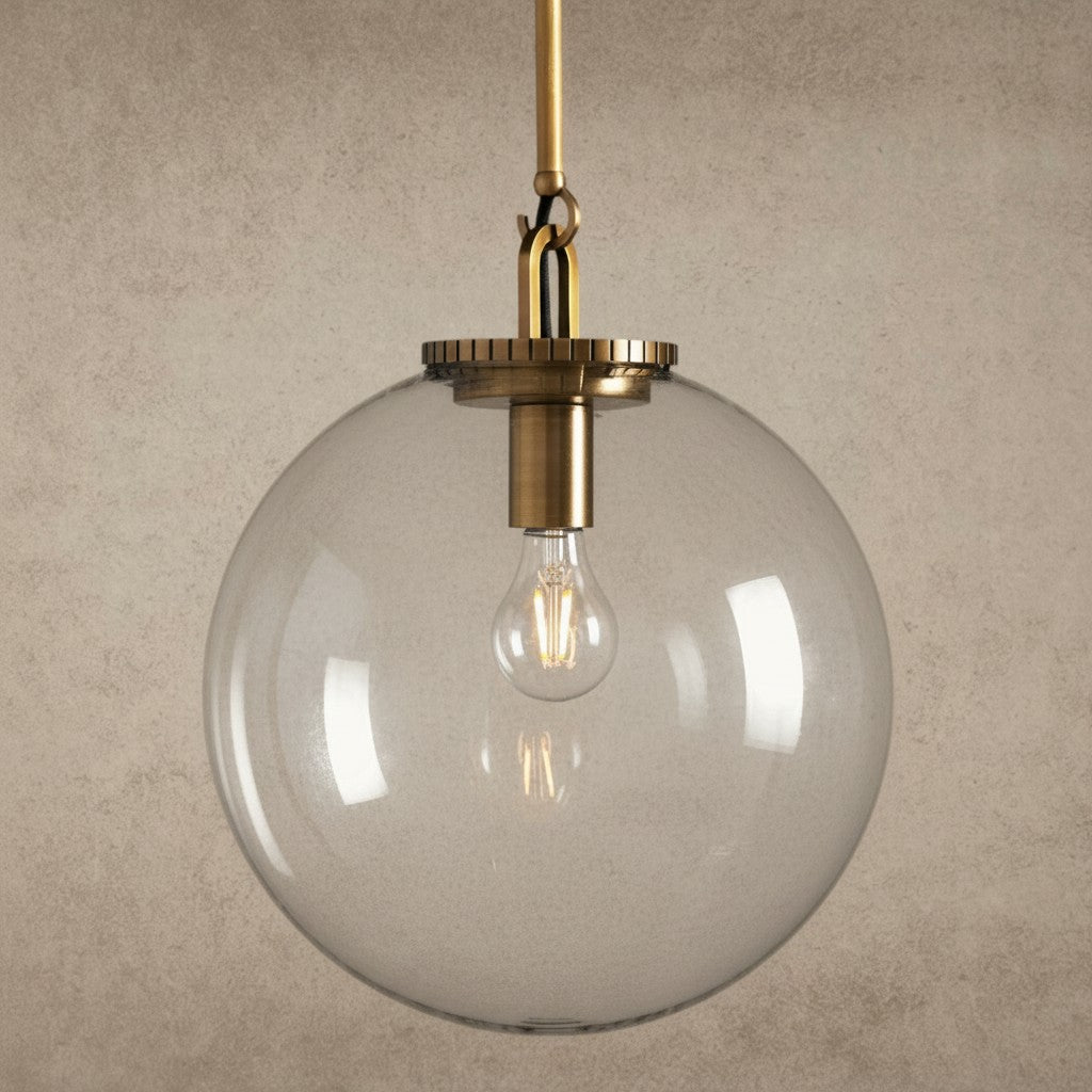 ichandelier Wescott Globe Pendant with Rod, clear glass shade, brass hardware, exposed bulb, modern industrial style