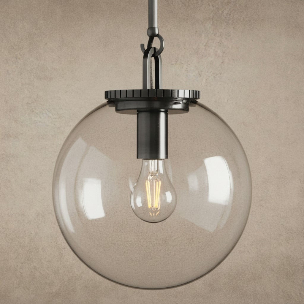 ichandelier Wescott Globe Pendant with Rod, clear glass shade, exposed filament bulb, dark metal hardware