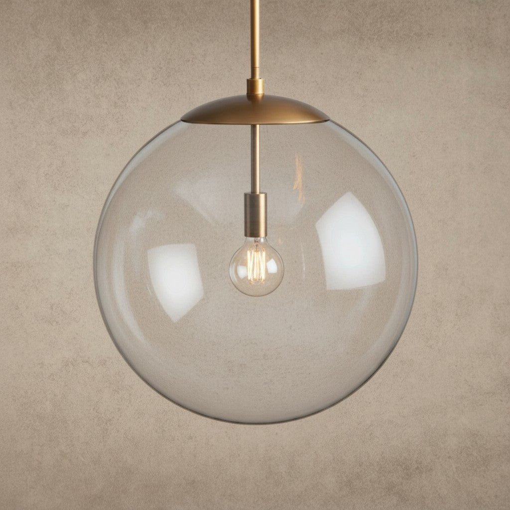ichandelier Wescott XL Globe Pendant with Rod, clear glass shade, brass finish, exposed bulb