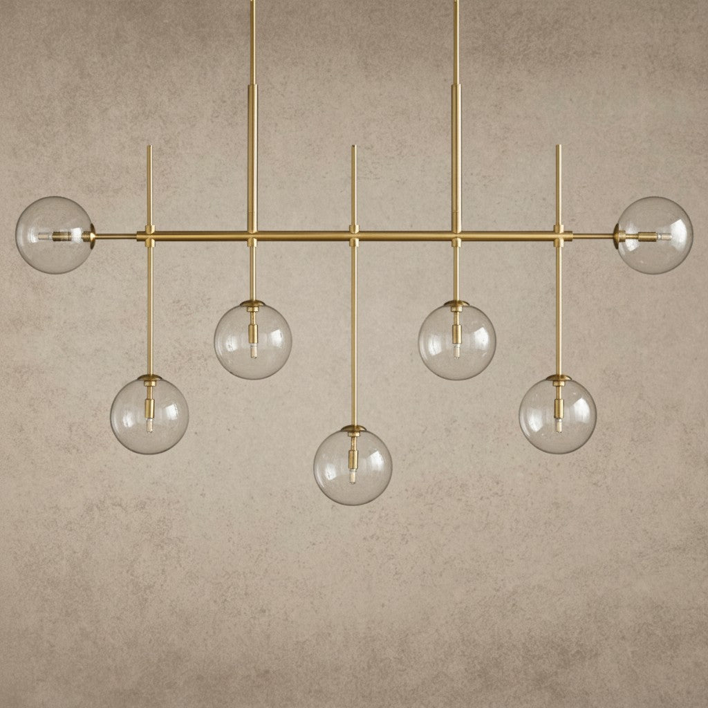 ichandelierHere Roscoe Linear Chandelier with brass finish and clear glass globes, 60" or 72" length.