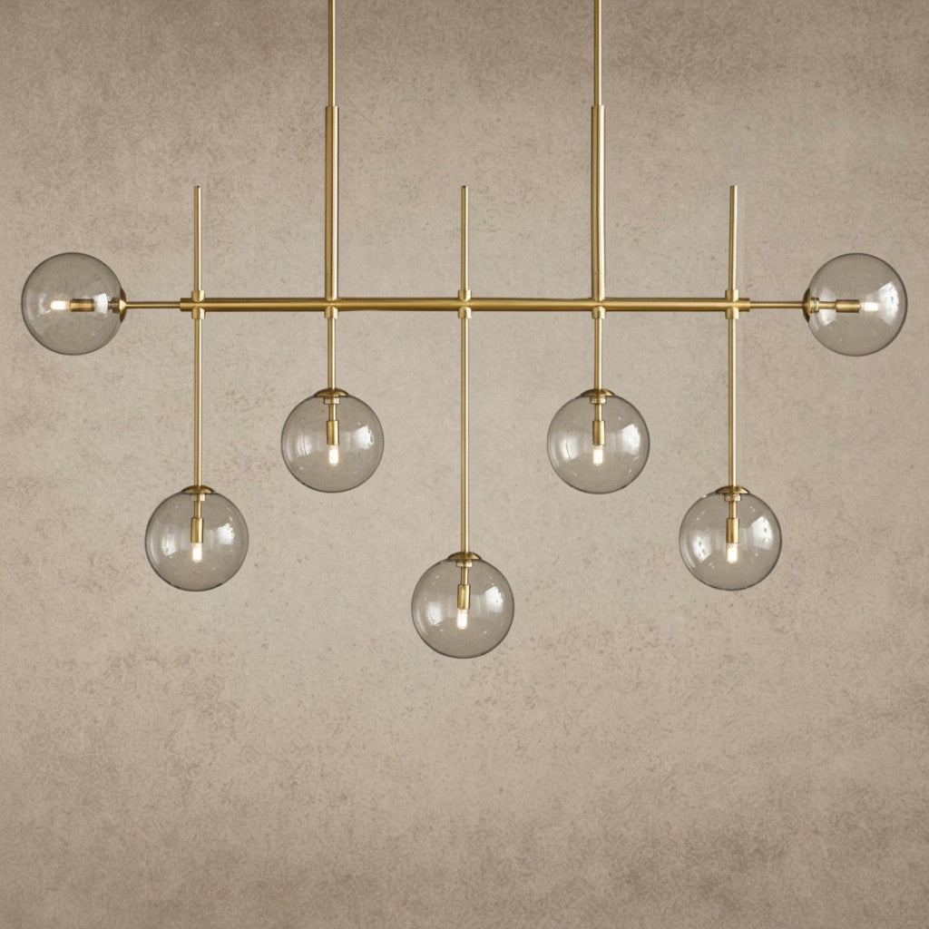 ichandelierHere Roscoe Linear Chandelier 60" 72" with brass finish and clear glass globes