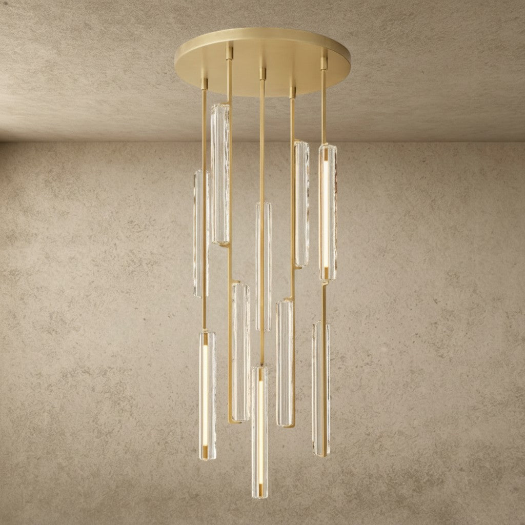 ichandelier Audubon Crystal Round Chandelier, 24/40/56 inch, modern brass finish, glass rods