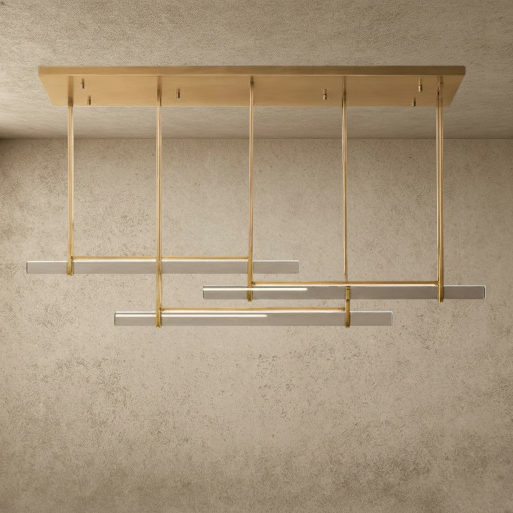 ichandelier Audubon Crystal Triple Bar Linear Chandelier 60 inch, 72 inch, brass finish, modern design