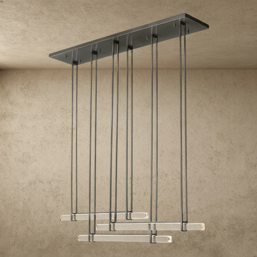 ichandelier Audubon Crystal Triple Bar Linear Chandelier, modern linear pendant light with clear crystal tubes and dark metal accents.