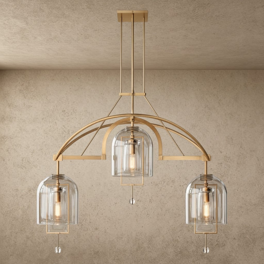 ichandelier Fulcrum 48/60 inch linear chandelier, gold metal frame, clear glass shades, modern art deco style