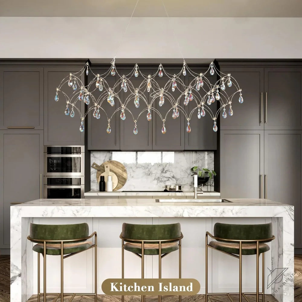 Large Silver Rectangle Crystal Chandelier 49.2" Modern Luxury Raindrop Light