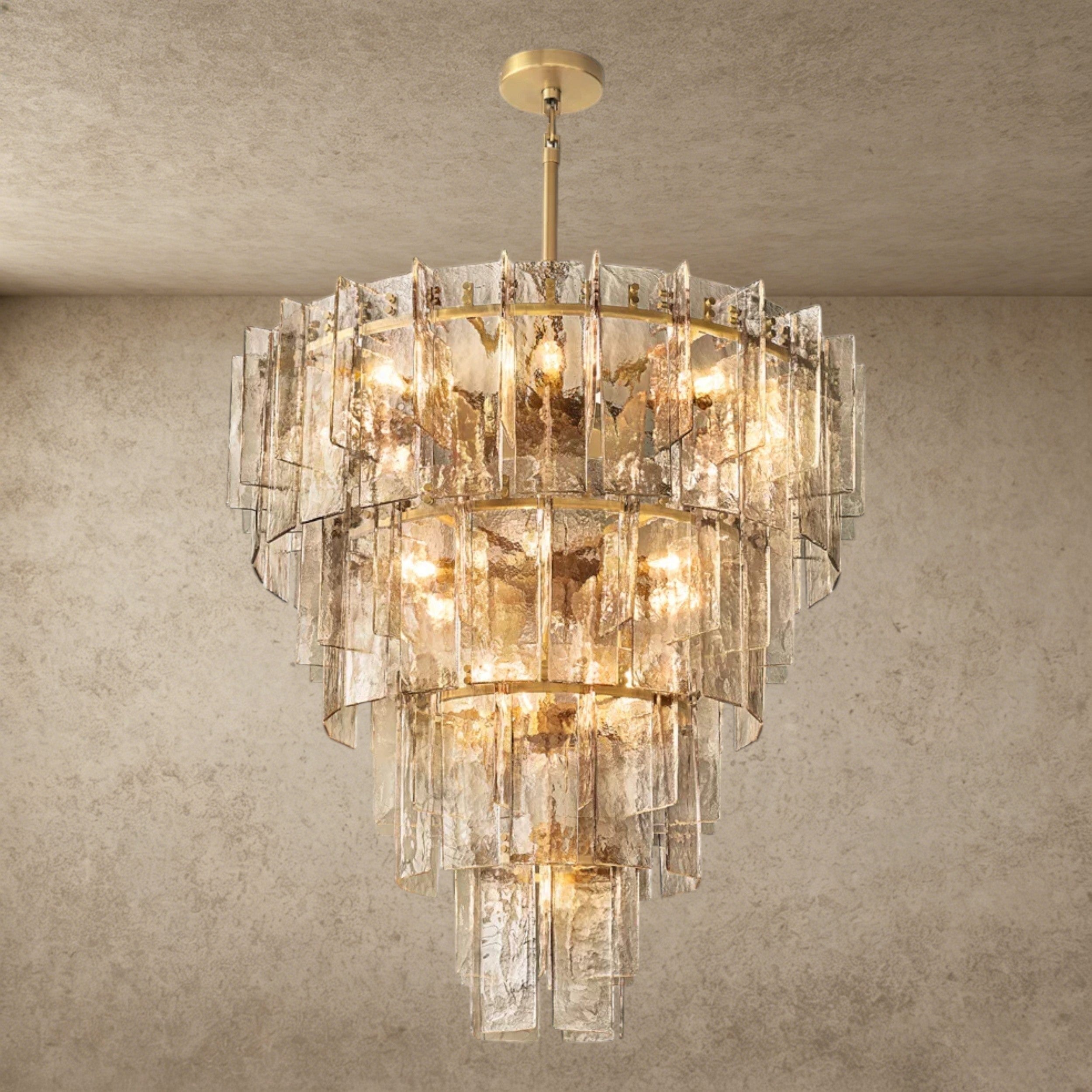 47" / Brass Lattice Smoke Glass Tiered Round Chandelier 36", 47"