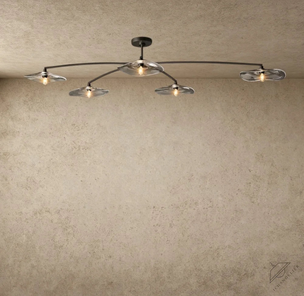 ichandelier Lily 5-light flushmount with clear hand-blown glass petal shades and a dark metal frame.