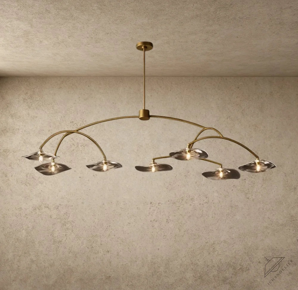 ichandelier Lily collection clear glass petal shades, curved brass frame chandelier. Modern elegant lighting.