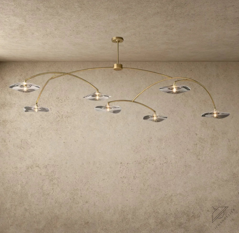 ichandelier Lily Collection 7-light brass chandelier with hand-blown clear glass petal shades, inspired by nature.