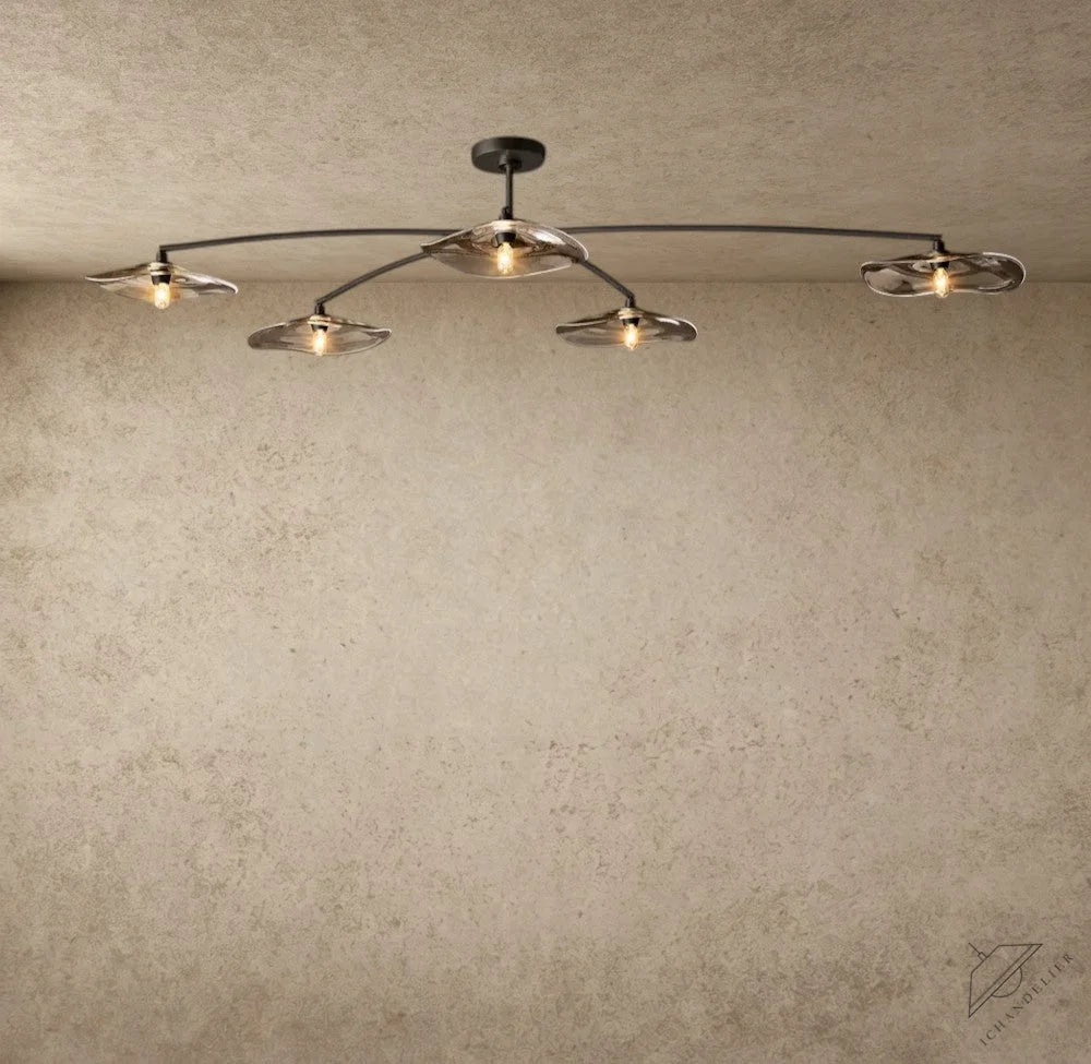 ichandelier Lily Smoke Glass Flushmount, 5-light fixture with hand-blown petal shades and curved steel frame.