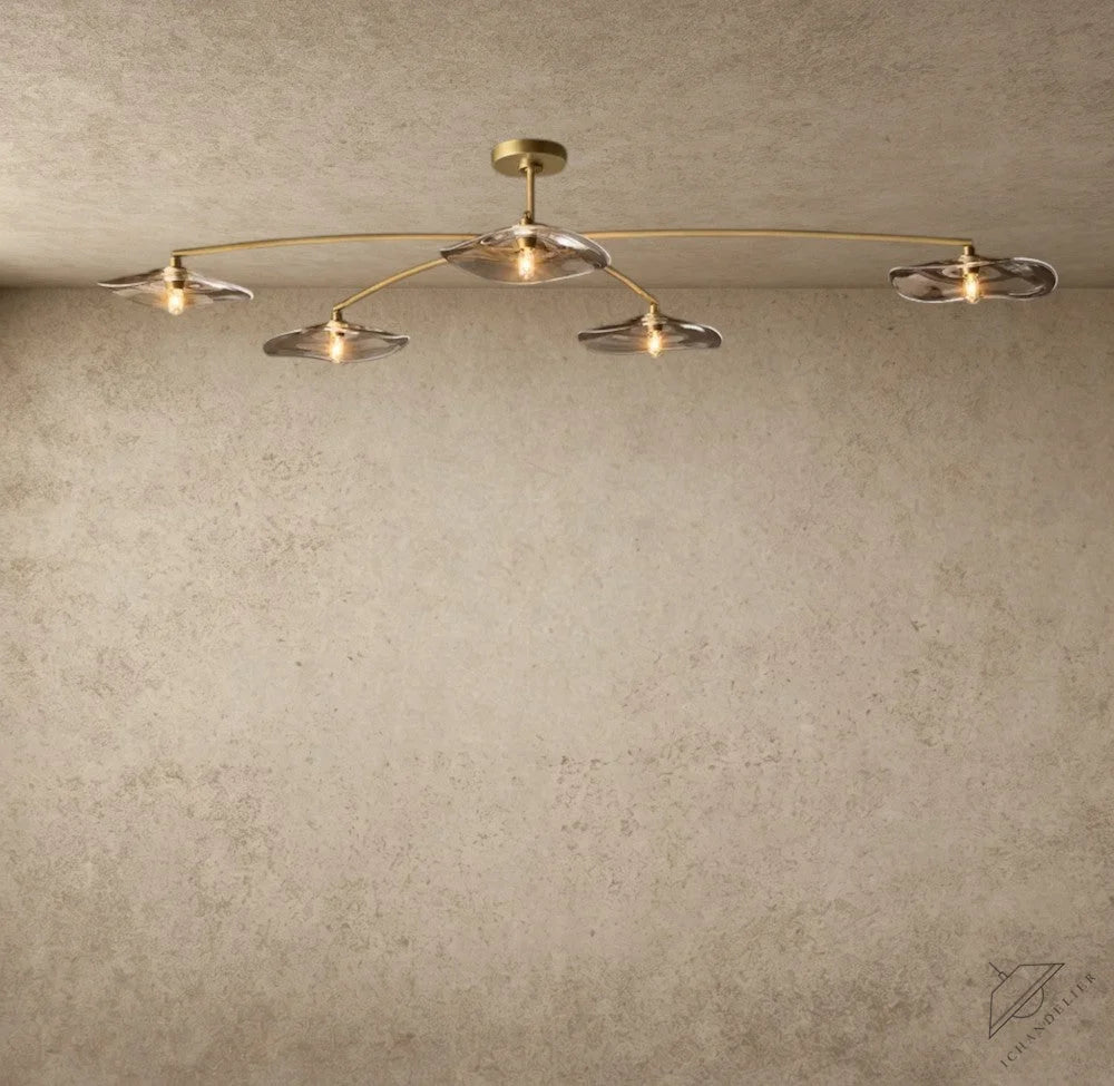 ichandelier Lily Smoke Glass Flushmount, 5-light modern brass semi-flush ceiling light with hand-blown petal glass shades.