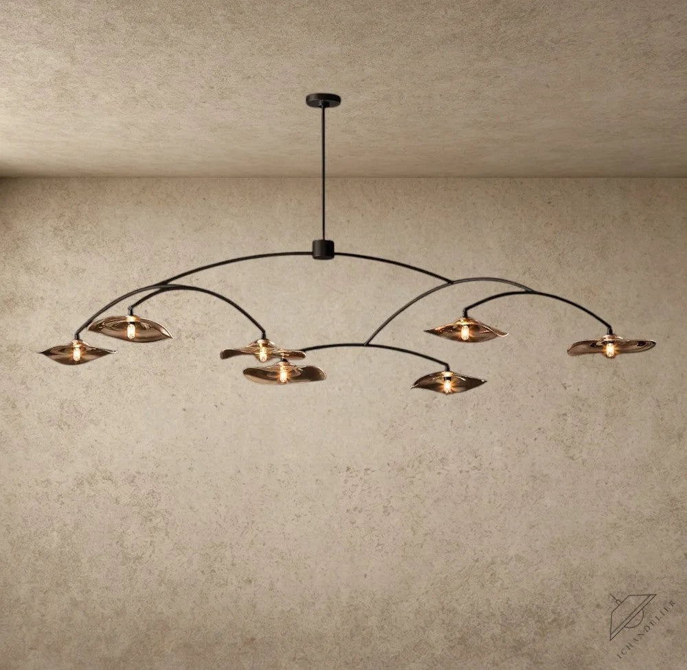 ichandelier Lily Smoke Glass Round Chandelier with hand-blown petal shades and curved steel frame