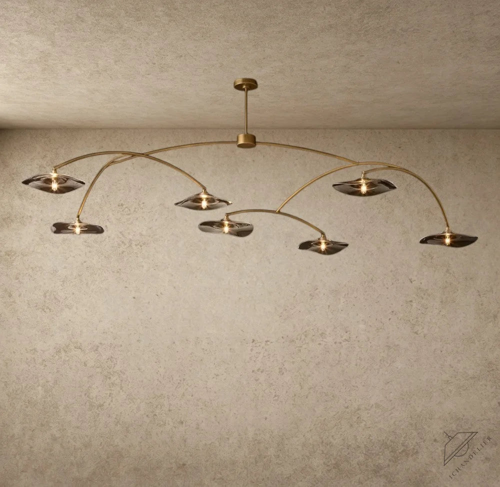 ichandelier Lily Smoke Glass Round Chandelier with hand-blown petal shades and curved gold frame