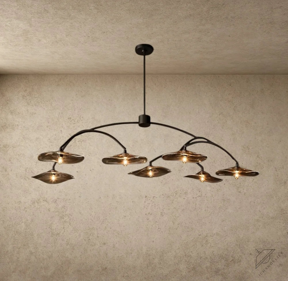 ichandelier Lily Smoke Glass Round Chandelier with hand-blown petal lampshades and curved steel frame