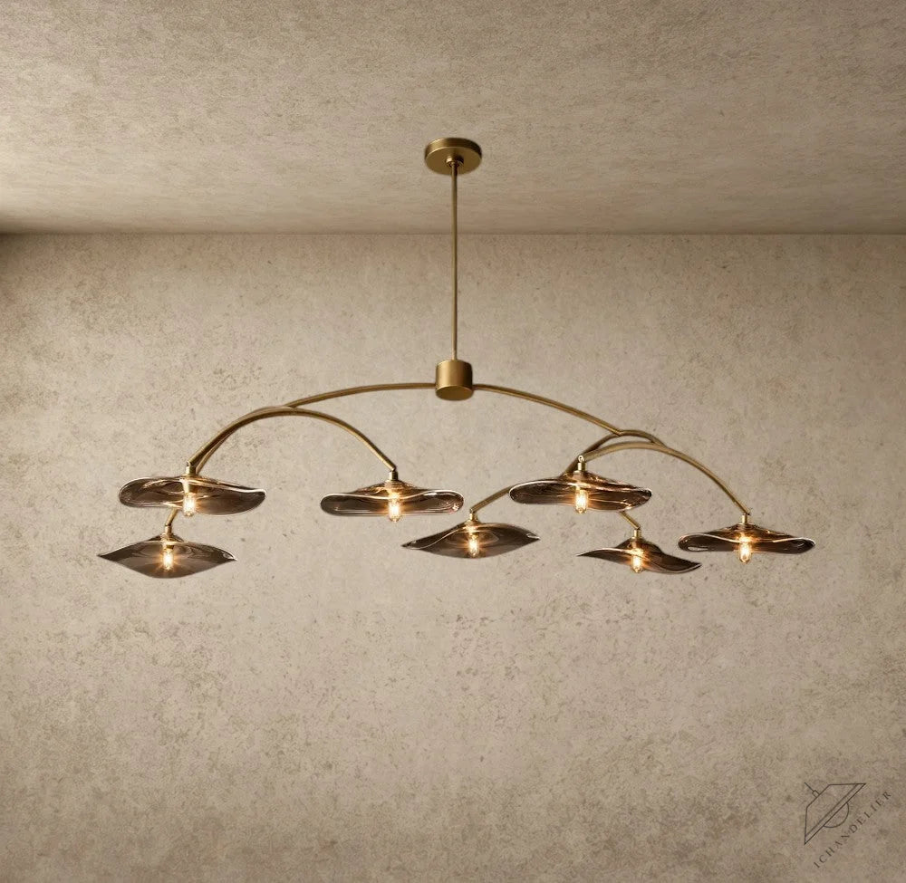 ichandelier Lily Smoke Glass Round Chandelier with petal-shaped shades and curved brass frame