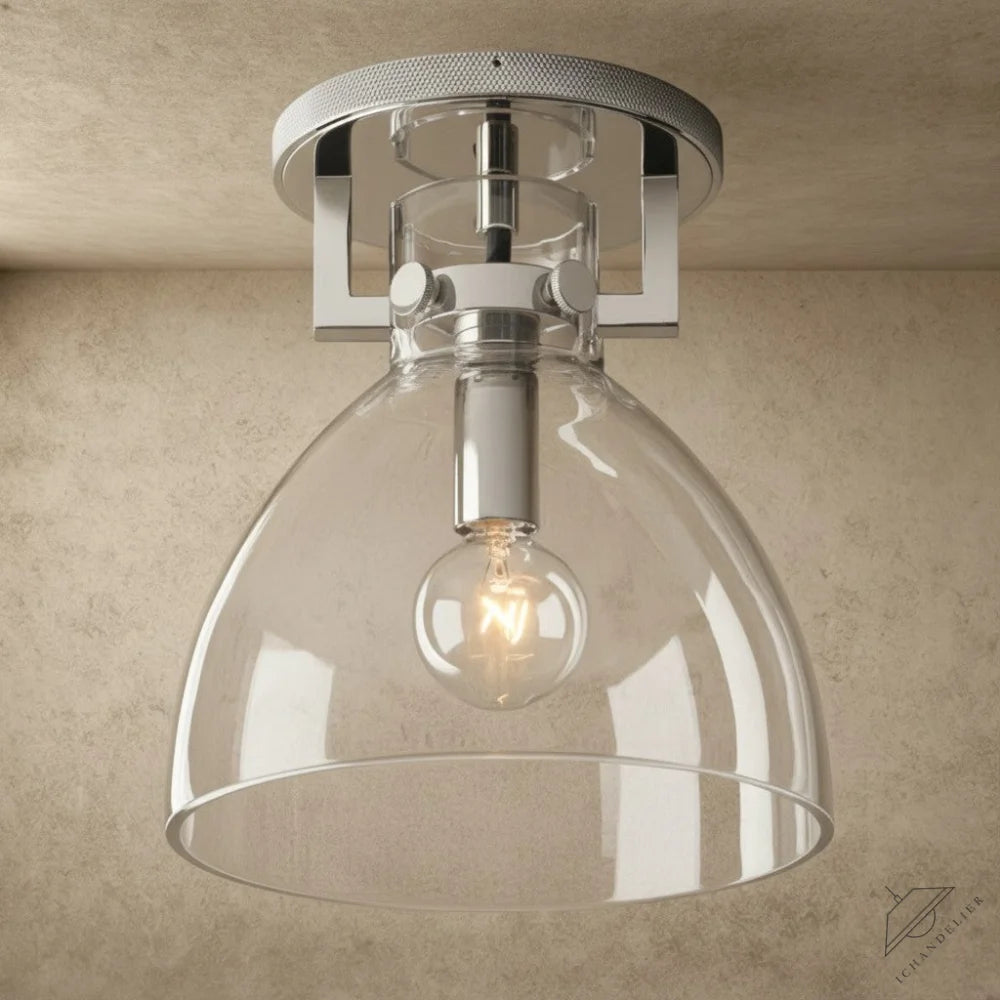 ichandelier Machinist Glass Cloche Flushmount, clear glass dome shade, polished chrome finish, industrial style ceiling light