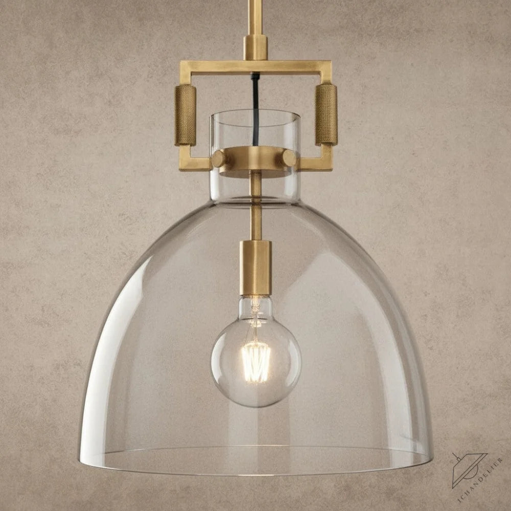 ichandelier Machinist Glass Cloche Pendant, clear glass dome shade with brass hardware and exposed bulb.