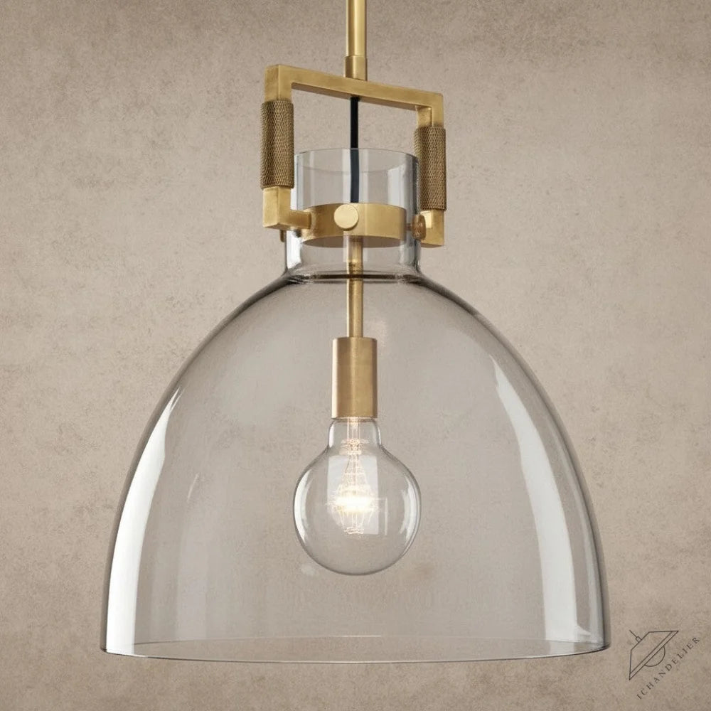 ichandelier Machinist glass cloche pendant light with brass hardware and exposed bulb