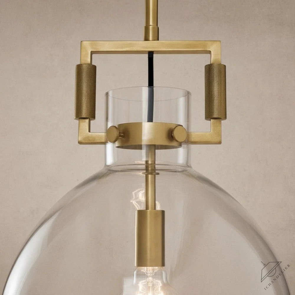 ichandelier Machinist 10-18 inch clear glass cloche pendant light with brass hardware and knurled accents.