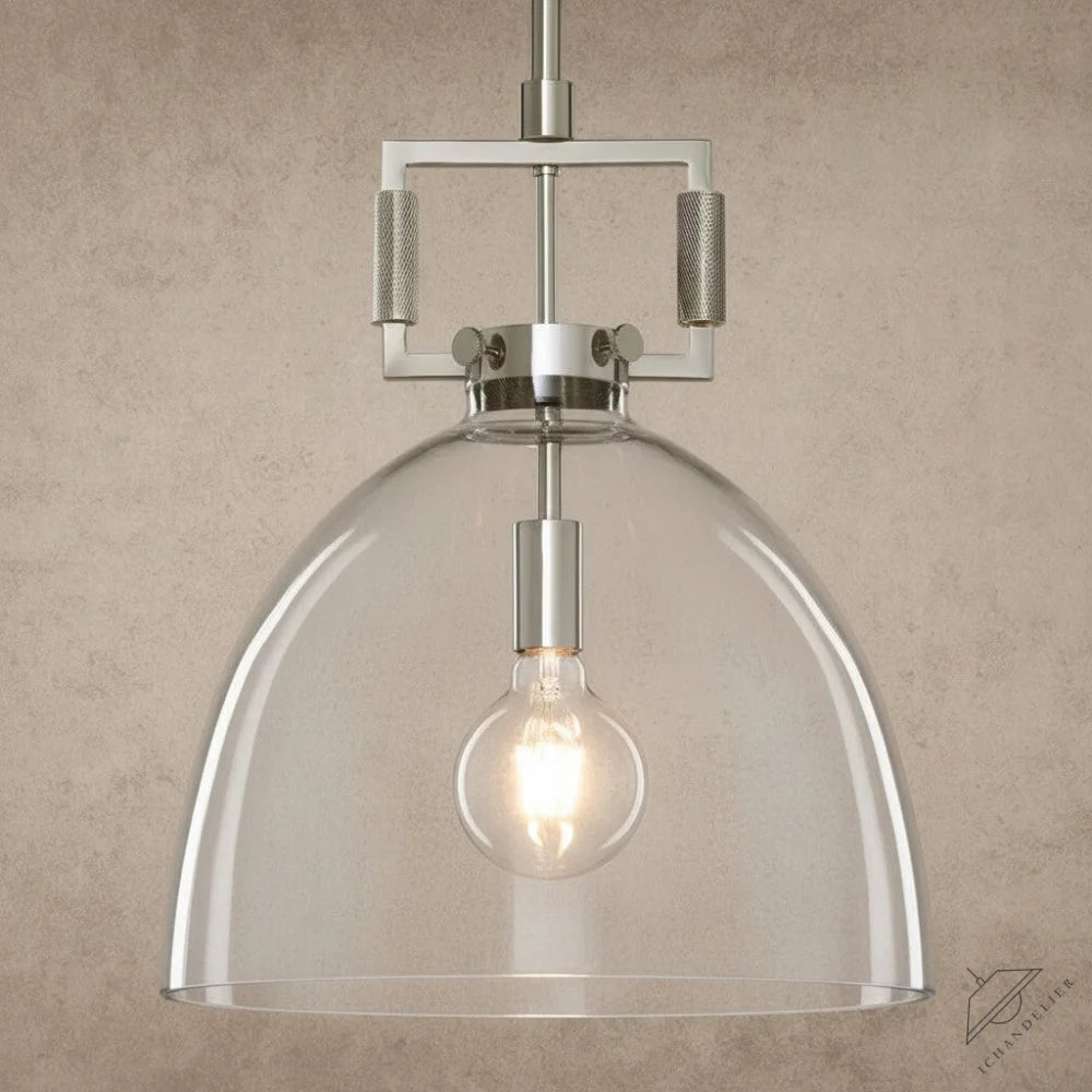 ichandelier Machinist Glass Cloche Pendant, clear glass dome, brushed nickel hardware, exposed bulb, industrial style
