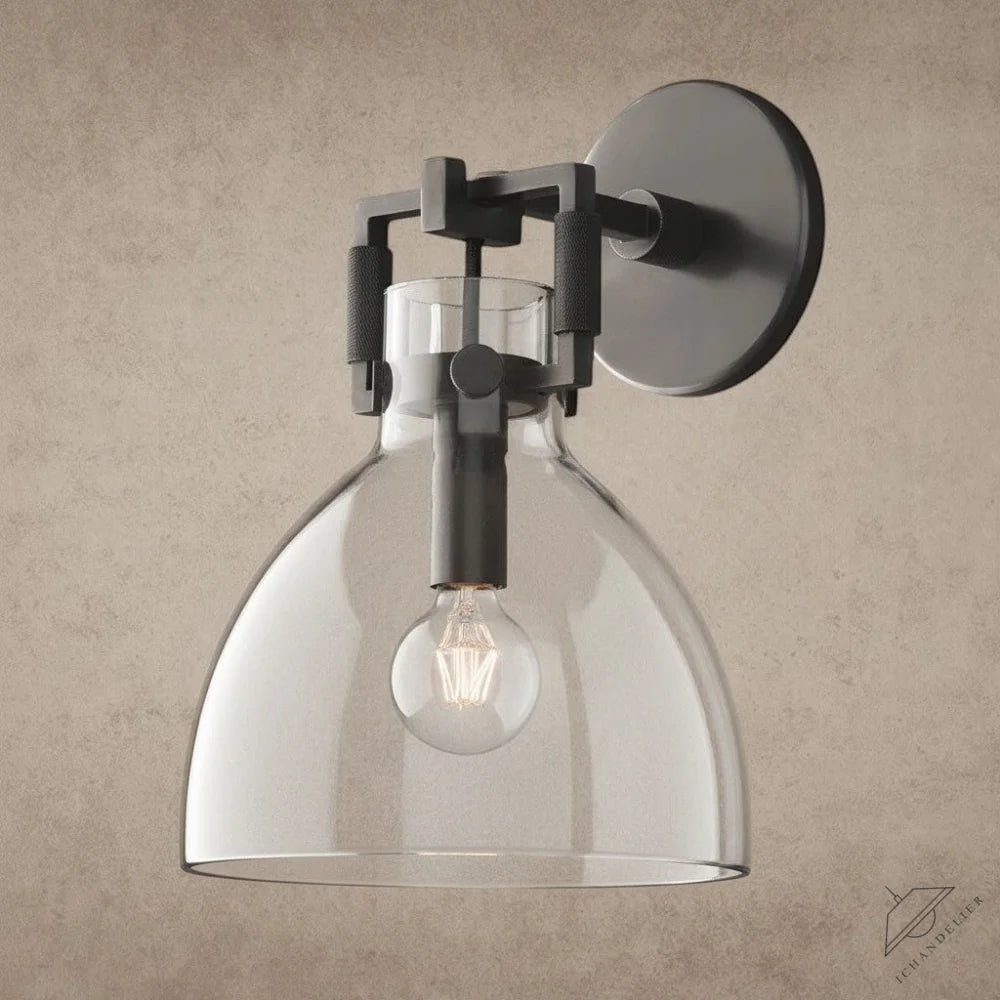 ichandelier Machinist Glass Cloche Sconce, clear glass shade, black metal hardware, industrial style wall light