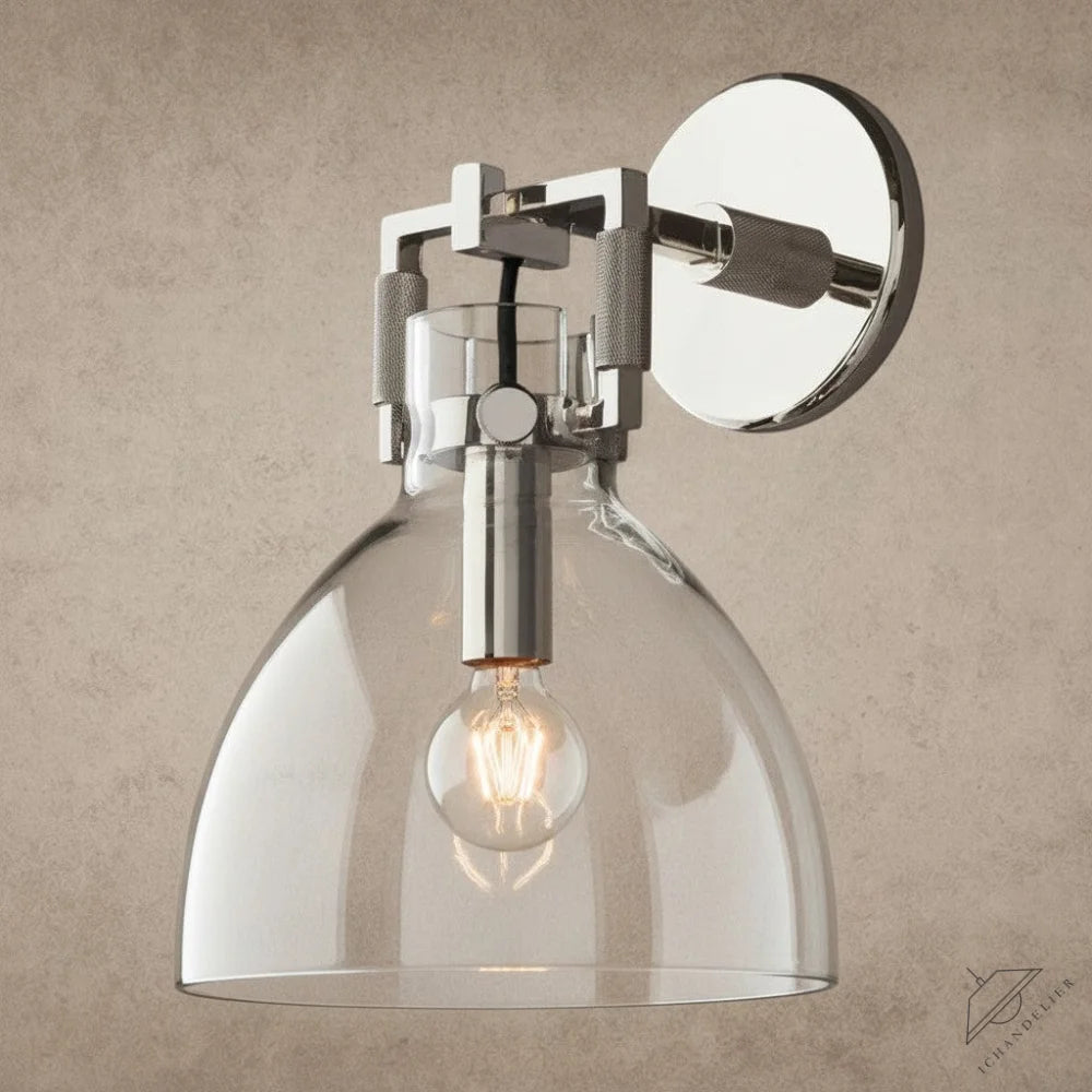 ichandelier Machinist Glass Cloche Sconce, clear glass shade, polished nickel finish, industrial style wall light