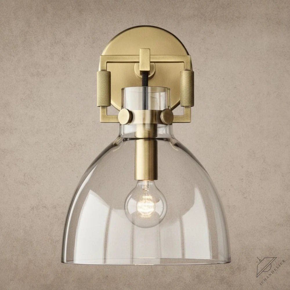 ichandelier Machinist Glass Cloche Sconce, clear glass shade, brass hardware, industrial style wall light