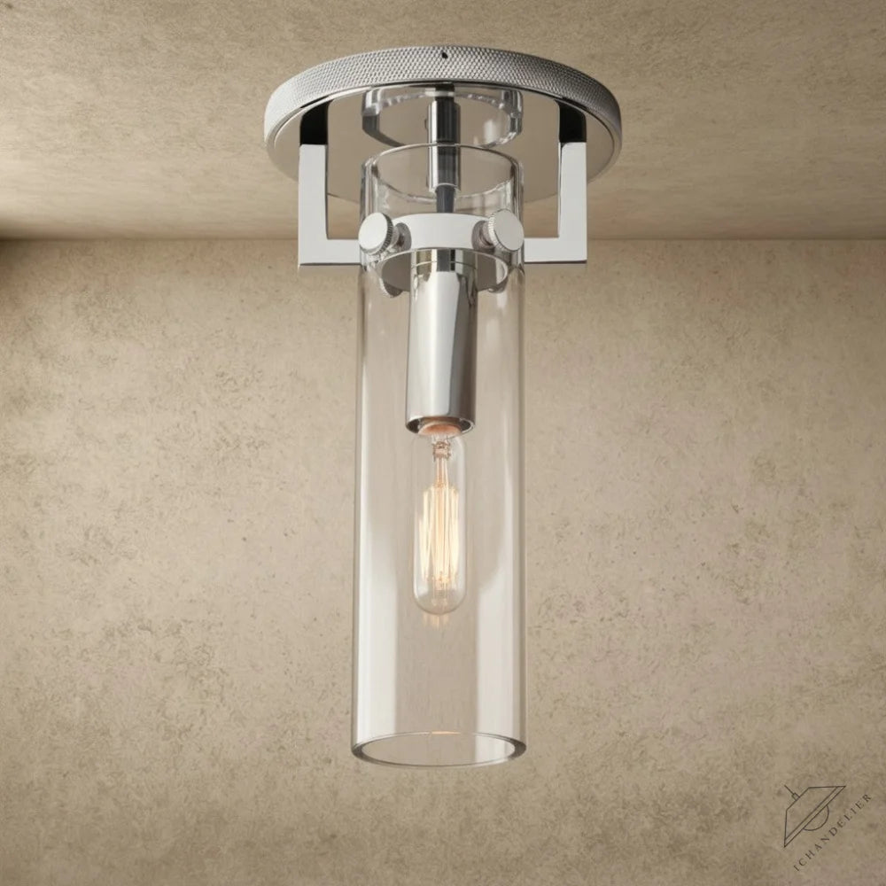 ichandelier Machinist-Glass-Cylinder-Flushmount, chrome finish, clear glass cylinder shade, industrial style ceiling light