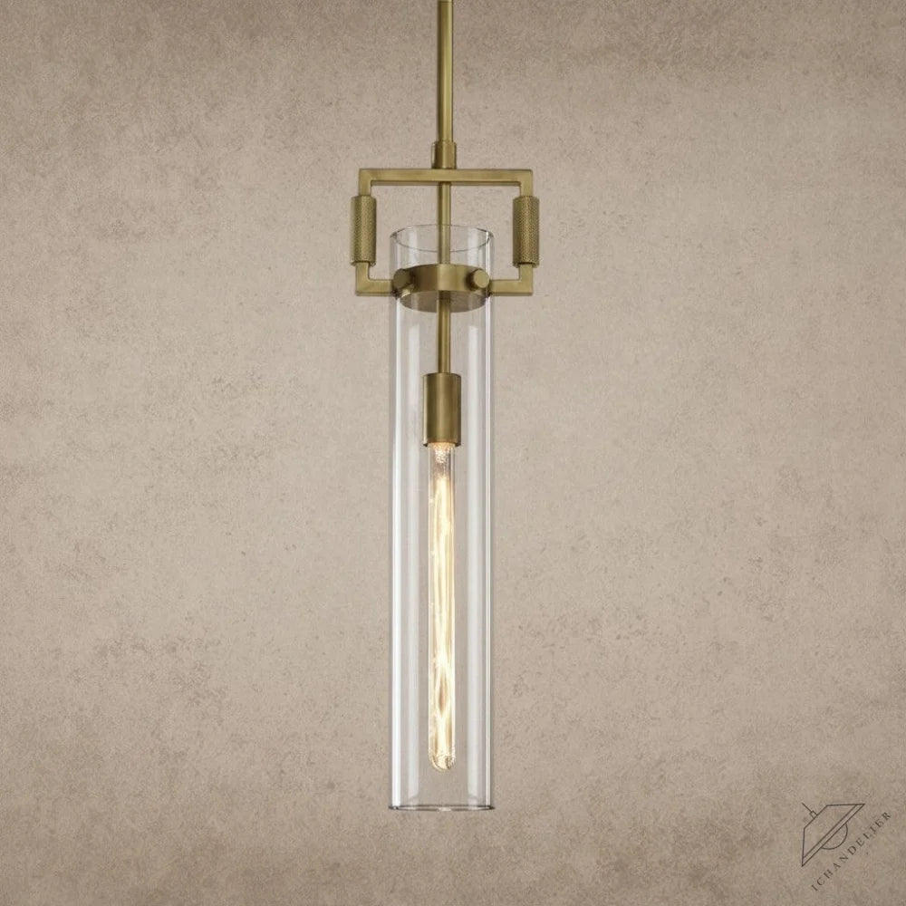 ichandelier Machinist Glass Cylinder Pendant 12 inch, 22 inch, clear glass, brass hardware, exposed bulb