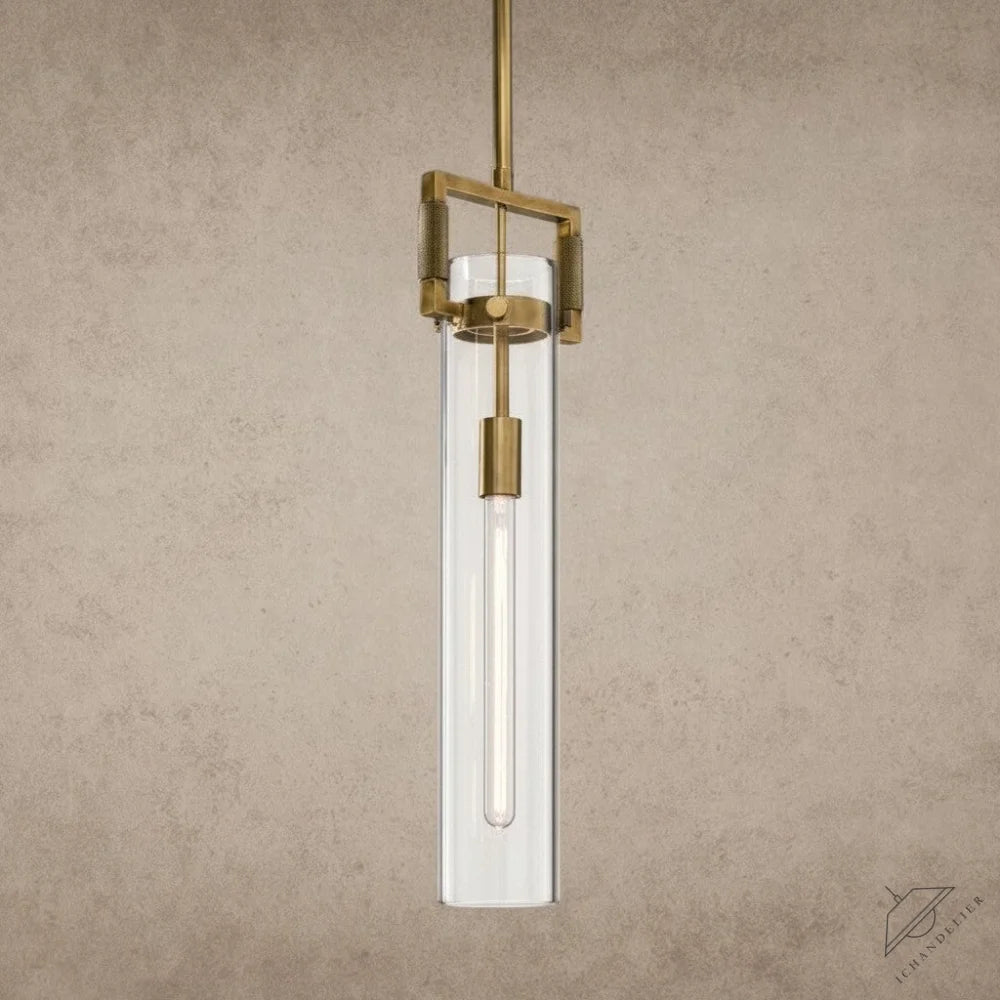 ichandelier Machinist Glass Cylinder Pendant 12 inch, 22 inch, modern brass finish, clear glass shade, single bulb