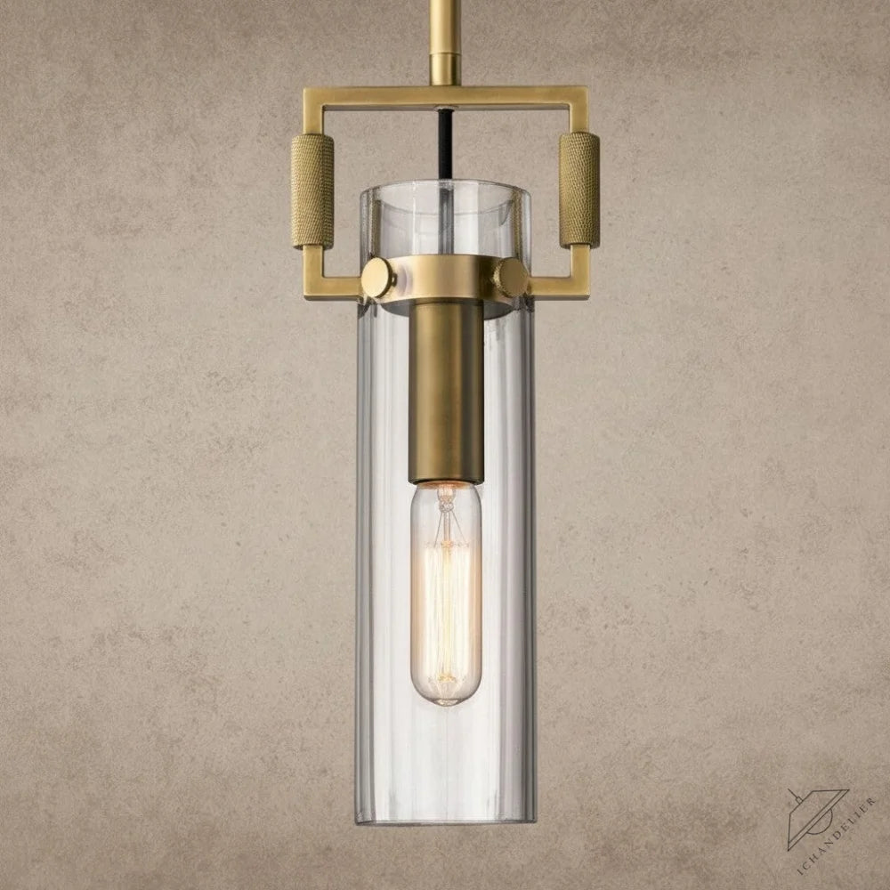 ichandelier Machinist Glass Cylinder Pendant, 12 inch, 22 inch, clear glass, brass hardware, ribbed texture, modern industrial style