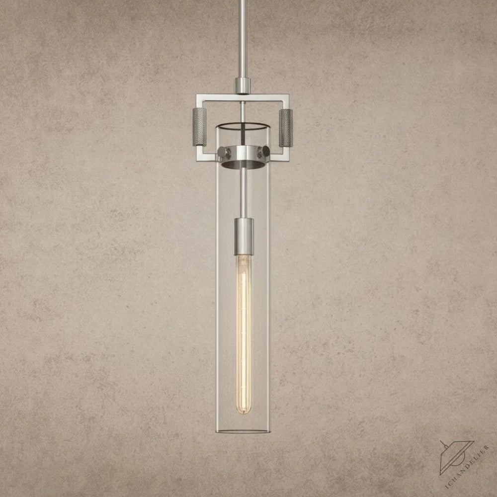 ichandelier Machinist 12 inch glass cylinder pendant with exposed Edison bulb and brushed nickel accents.